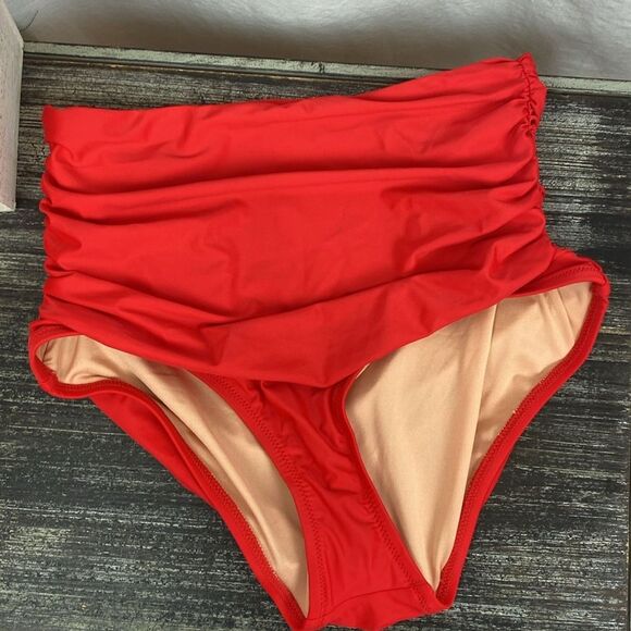 J Crew Red 2 Piece Square Neck High Waist Ruched Bikini Swim Suit XL NEW - Picture 2 of 10